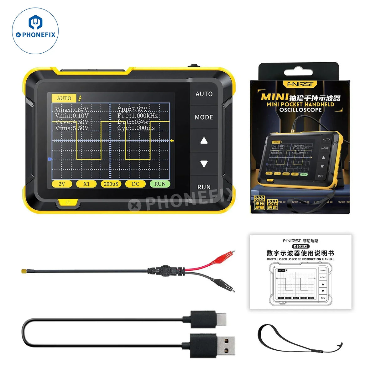 Oscilloscope numérique portable FNIRSI DSO152 avec écran couleur et boutons de commande, conception compacte pour les tests électroniques.