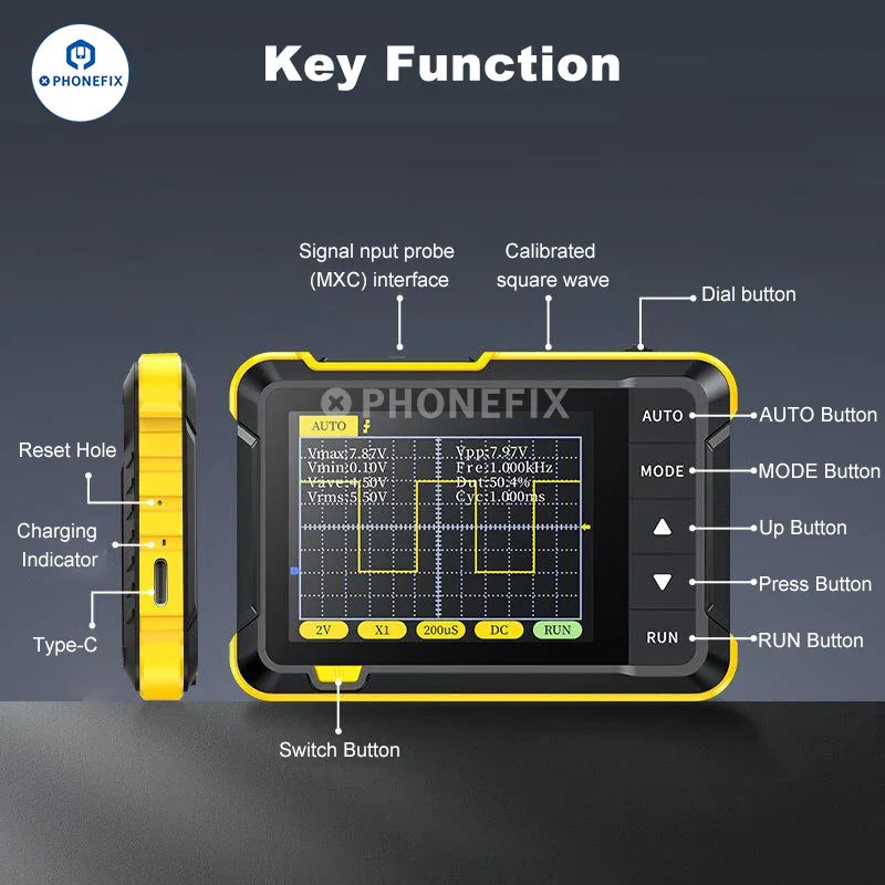 Oscilloscope numérique portable PHONEFIX FNIRSI DSO152 affichant la forme d'onde sur son écran, conception compacte et portable.