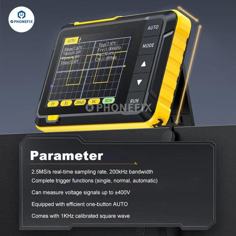 Oscilloscope numérique portable PhoneFix FNIRSI DSO152 avec petit écran et boutons de commande, conçu pour les tests électroniques.