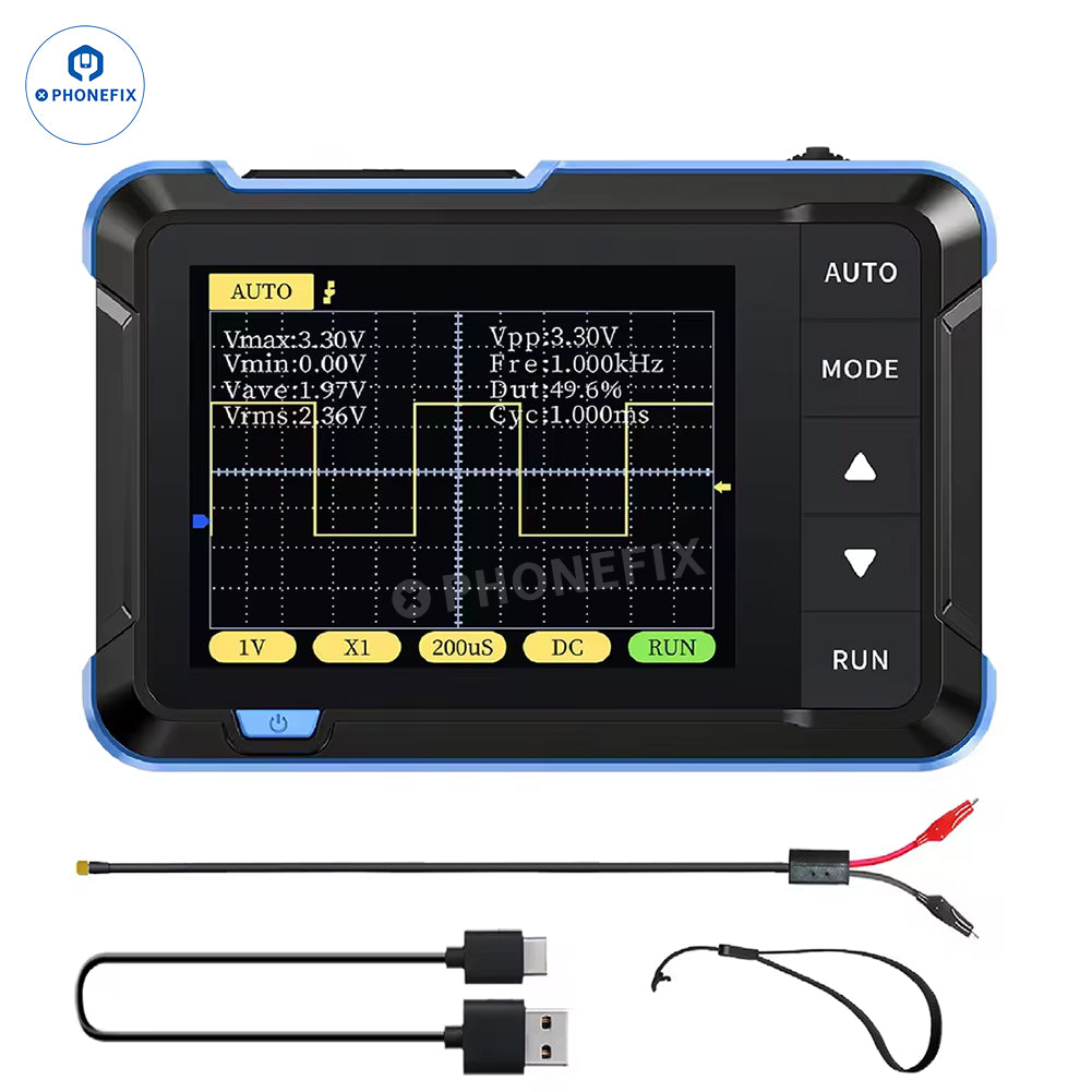 Oscilloscope numérique portable FNIRSI DSO152 affichant les formes d'onde sur son écran, conception compacte pour les tests électroniques.
