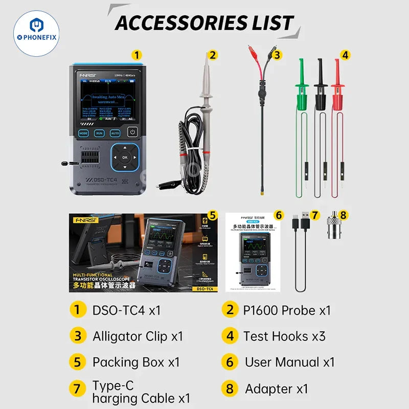 Oscilloscope numérique et testeur de transistors 3 en 1 FNIRSI DSO-TC4 de PHONEFIX, montrant l'appareil avec son écran et ses commandes.