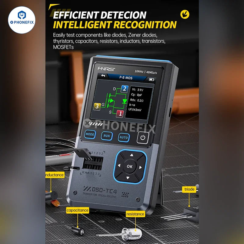 Oscilloscope numérique et testeur de transistors 3 en 1 FNIRSI DSO-TC4 de PHONEFIX, montrant l'appareil avec son écran et ses commandes.