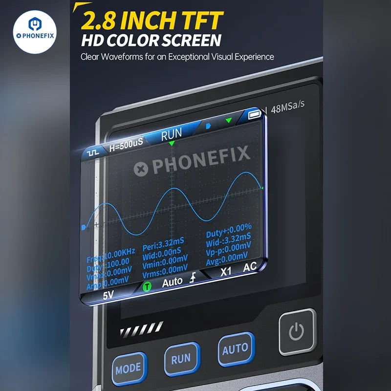Oscilloscope numérique et testeur de transistors 3 en 1 FNIRSI DSO-TC4 de PHONEFIX, montrant l'appareil avec son écran et ses cordons de test.