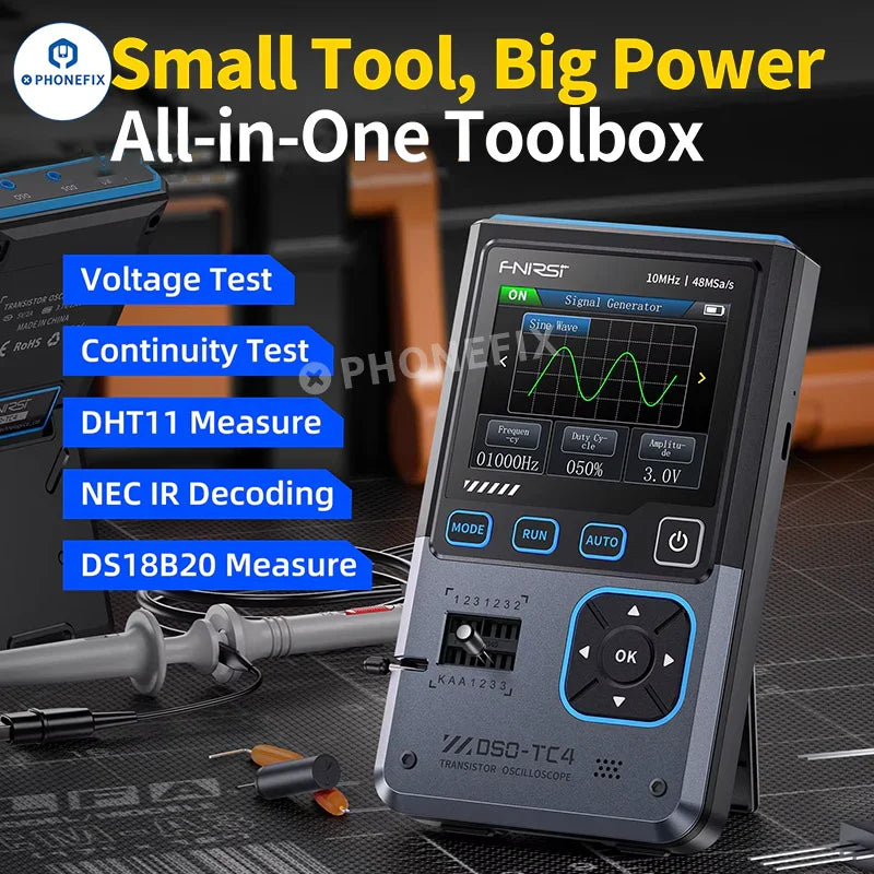 FNIRSI DSO-TC4 3-in-1 digital oscilloscope and transistor tester by PHONEFIX showing a compact device with display and control knobs.