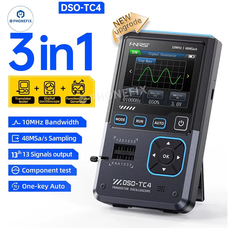 FNIRSI DSO-TC4 3-in-1 digital oscilloscope and transistor tester from PHONEFIX, showing the device with display and test probes.