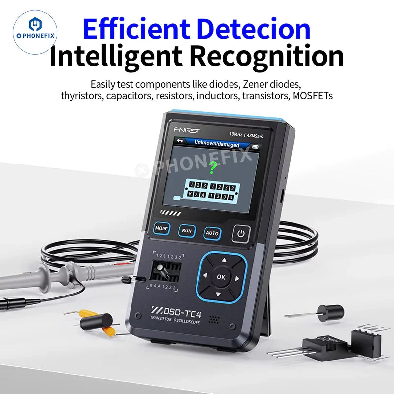 Oscilloscope numérique et testeur de transistors 3 en 1 FNIRSI DSO-TC4 de PHONEFIX, présenté avec ses boutons d'affichage et de commande