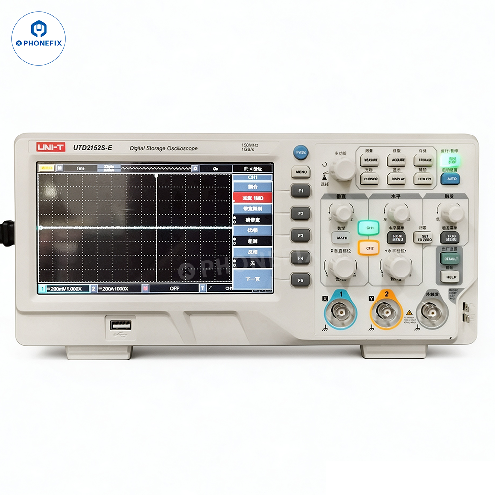 PhoneFix UNI-T UTD2025CL UTD2052 digital oscilloscope with 2 channels and colorful display, used for electronic testing.