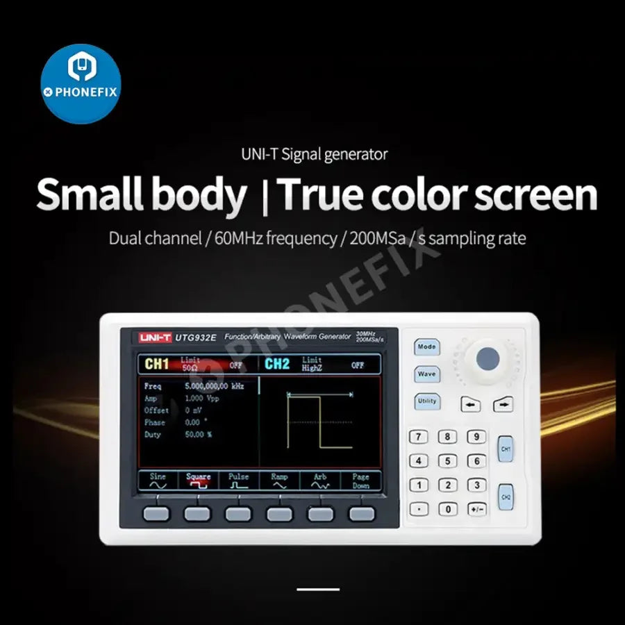 Digital oscilloscopes UTG932E and UTG962E 2-channel signal generators and frequency counters from PHONEFIX, showcasing their control panels.