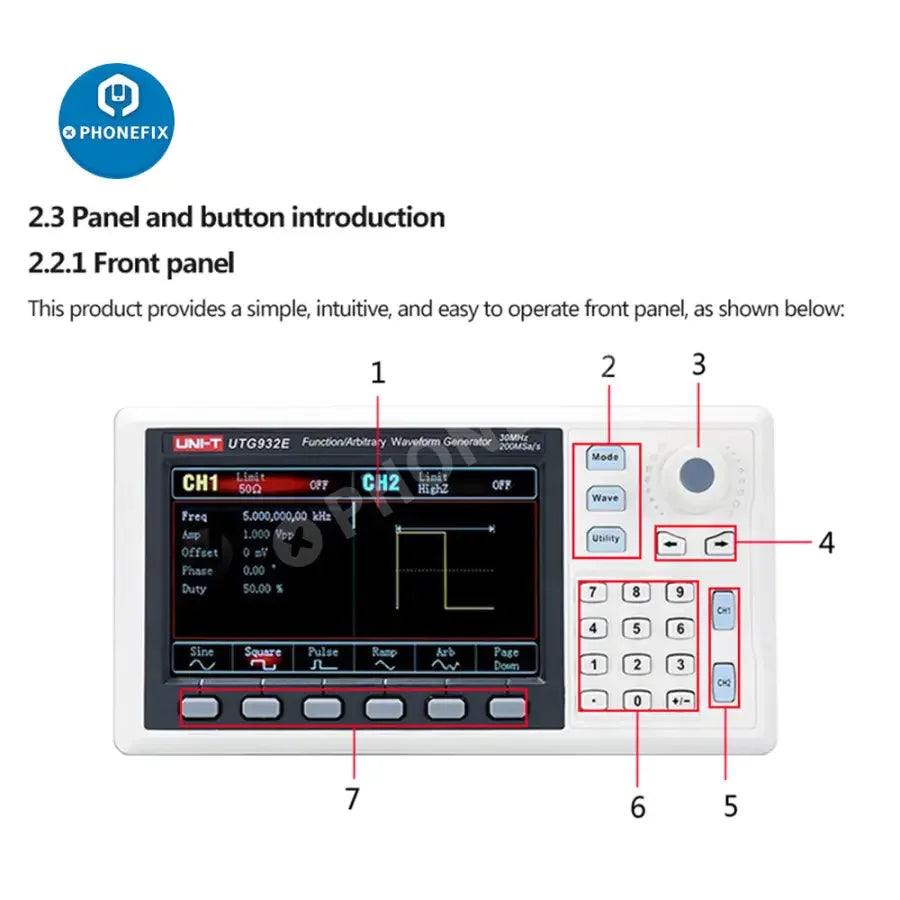 Digital oscilloscope by PHONEFIX, UTG932E UTG962E 2-channel function signal generator with frequency counter, used for electronic testing.
