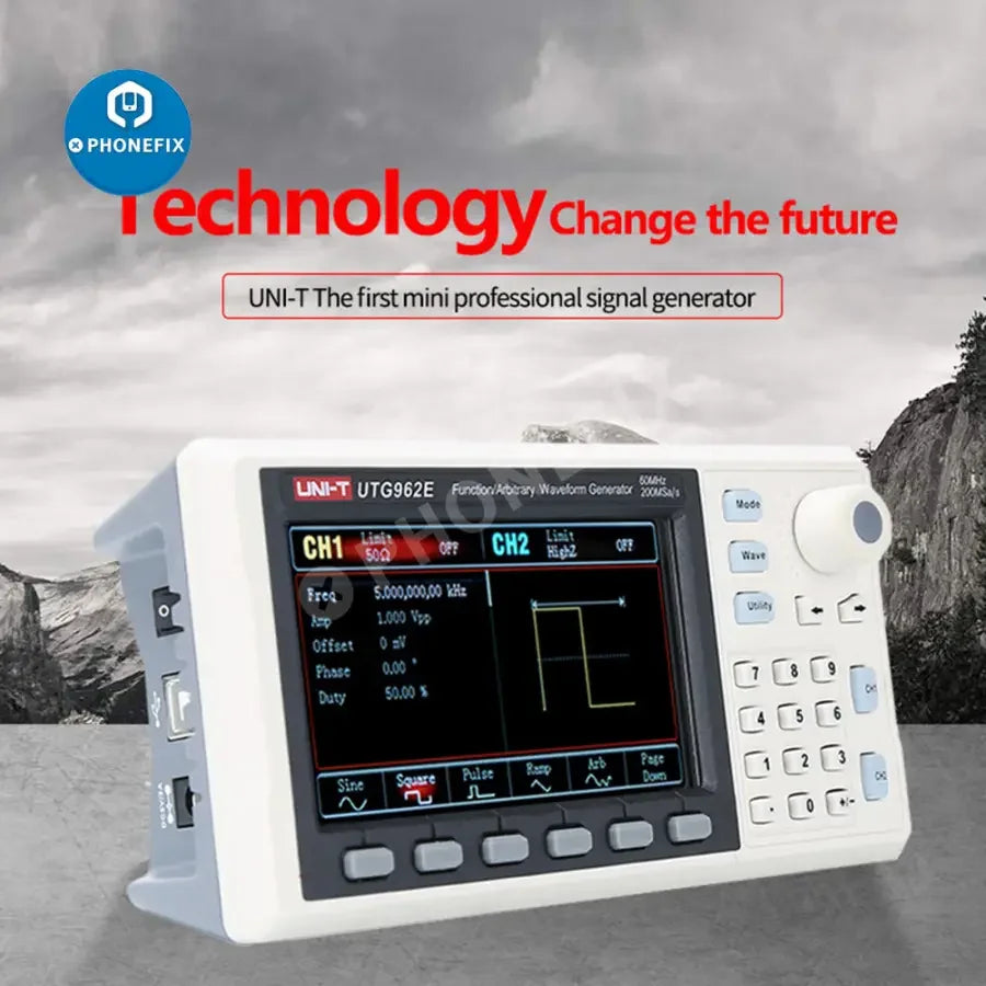 PhoneFix UTG932E UTG962E 2-channel digital signal generator and frequency counter for testing and measuring electronic signals.