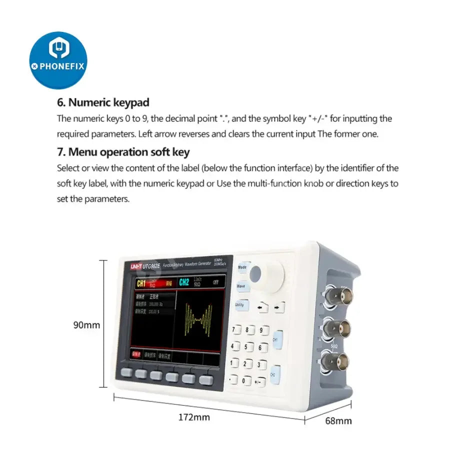 PhoneFix 2-channel function signal generator and frequency counter for digital oscilloscopes, model UTG932E UTG962E, with display and controls.