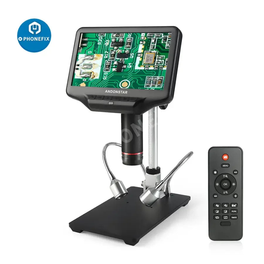 Andonstar AD407 3D HDMI digital soldering microscope for phone repair, shown with detailed view of electronic components.