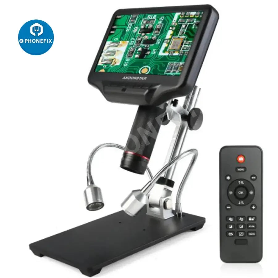 Andonstar AD407 3D HDMI digital soldering microscope by PHONEFIX, showing detailed view of phone repair components.
