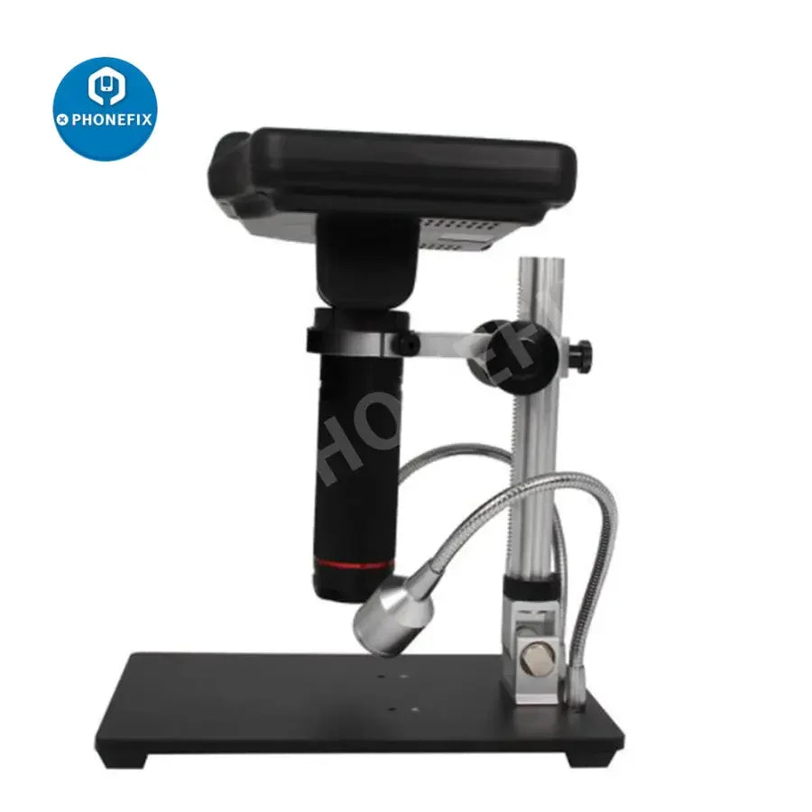 PhoneFix Andonstar AD407 3D HDMI digital soldering microscope showing detailed view of phone circuit board for repair.
