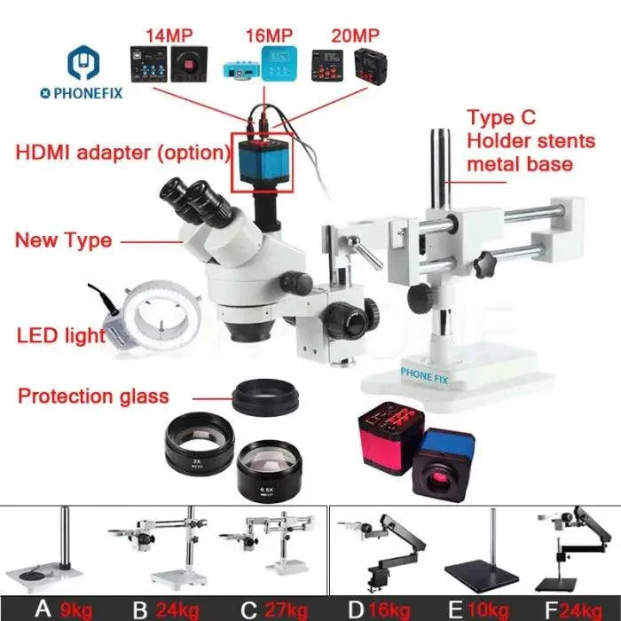 Electric 3.5X-90X double arm trinocular microscope with industrial camera by PHONEFIX, showing detailed optical and camera setup.