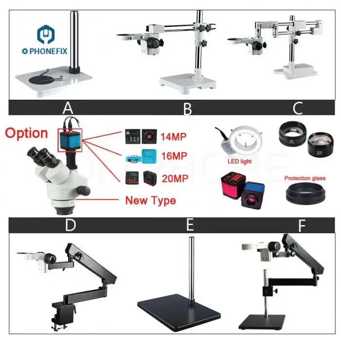 Electric trinocular microscope with 3.5x to 90x magnification, double arm stand, industrial camera, by PHONEFIX.