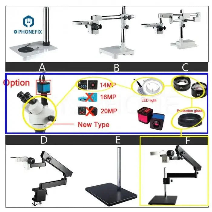 PHONEFIX 3.5X-90X double arm trinocular electric microscope with industrial camera, HDMI adapter, and camera holder, no objective lens.