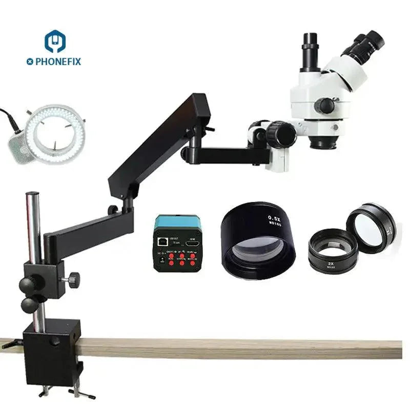 PhoneFix electric trinocular microscope with 14MP industrial camera, 3.5X-90X zoom, double arm, HDMI, and camera holder.