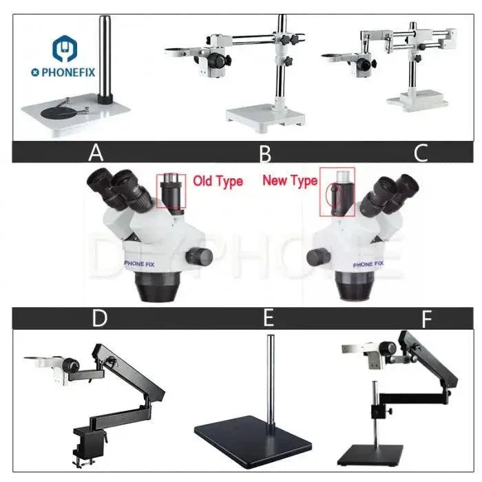 PhoneFix 3.5X-90X double arm trinocular electric microscope with industrial camera, HDMI adapter, and sturdy holder, no objective lens included.