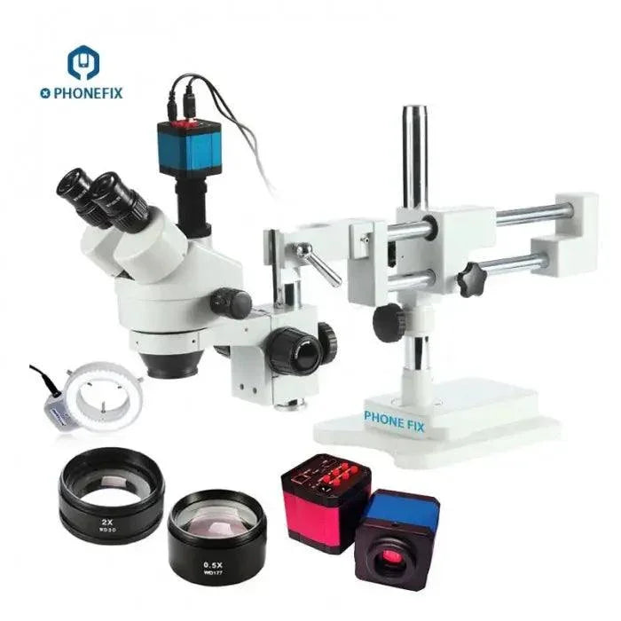 PHONEFIX 3.5X-90X double arm trinocular electric microscope with industrial camera and HDMI adapter, shown with camera holder, no objective lens