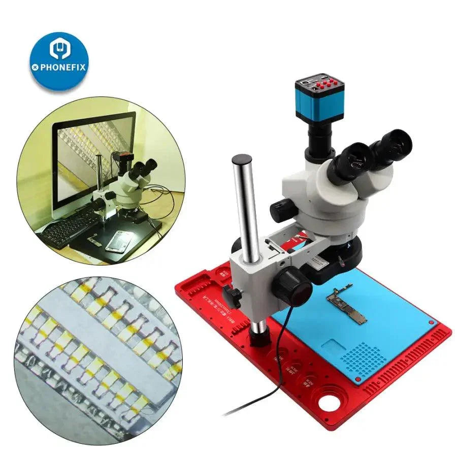 PhoneFix electric stereo microscope with 14MP camera, 3.5x-90x magnification, trinocular head, used for phone PCB soldering repair.