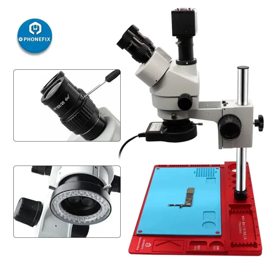 PhoneFix electric stereo microscope with 14MP HD camera, 3.5X-90X zoom, trinocular design for phone PCB soldering repair.
