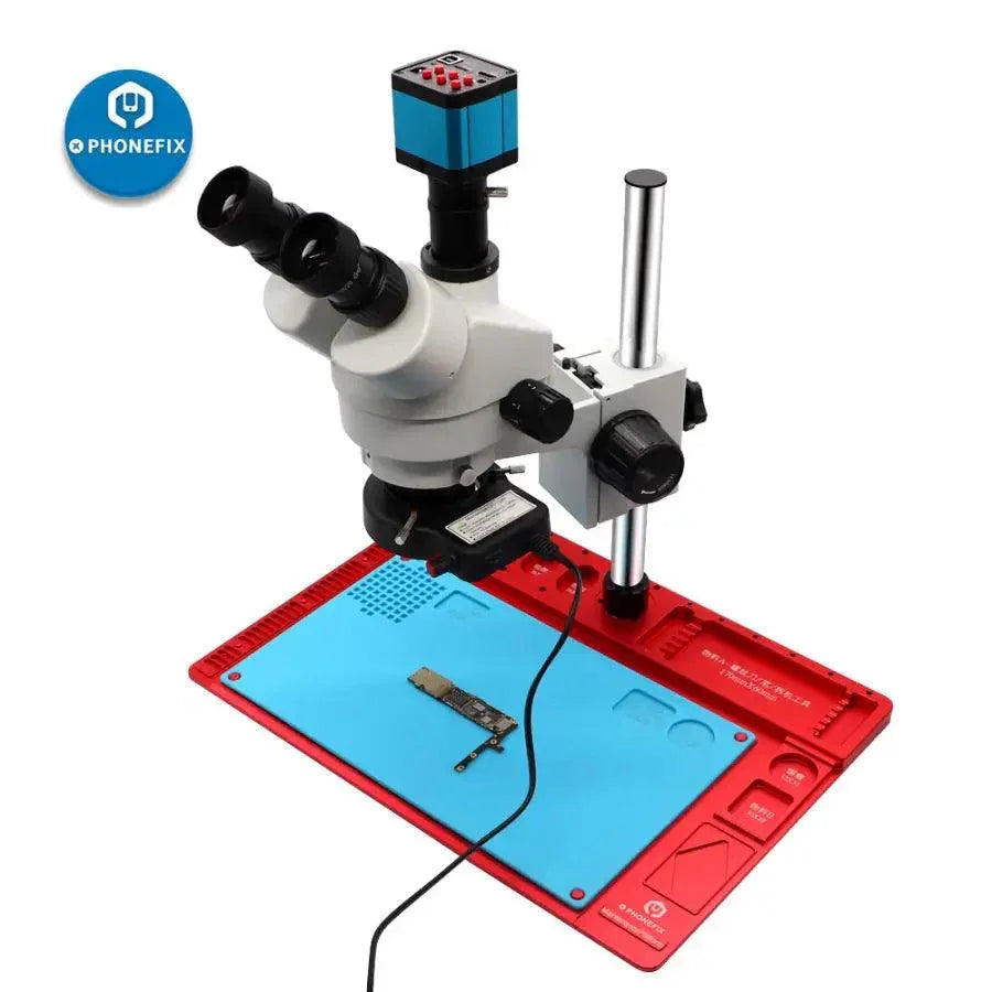 PhoneFix 3.5X-90X Simul Trinocular Stereo Microscope for phone PCB soldering repair with HDMI camera and electric design.