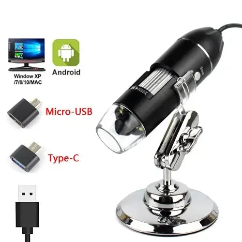 USB digital microscope by PHONEFIX showing a professional 1000X to 1600X magnification endoscope with focus on the device's lens and controls.