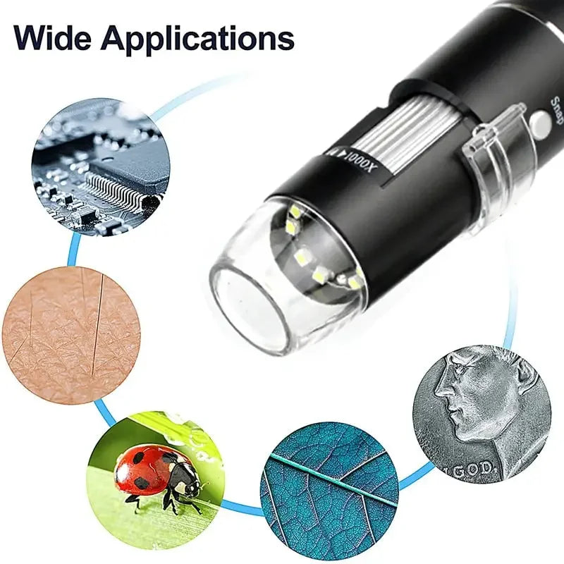USB digital microscope endoscope by PHONEFIX with 1000X to 1600X magnification, showing the device and magnified view on screen.