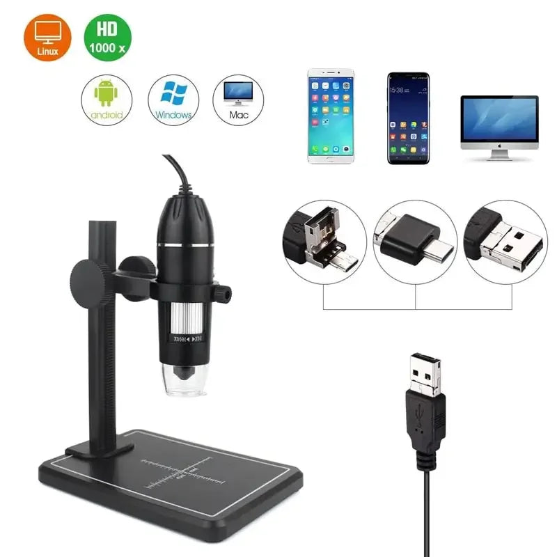 PHONEFIX professional USB digital microscope with 1000x-1600x magnification, endoscope and magnifier for detailed close-up inspection.