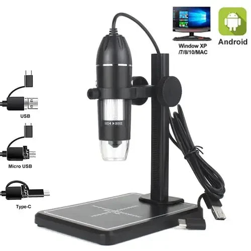 Electric USB digital microscope by PHONEFIX with 1000X to 1600X magnification, featuring a compact endoscope design.