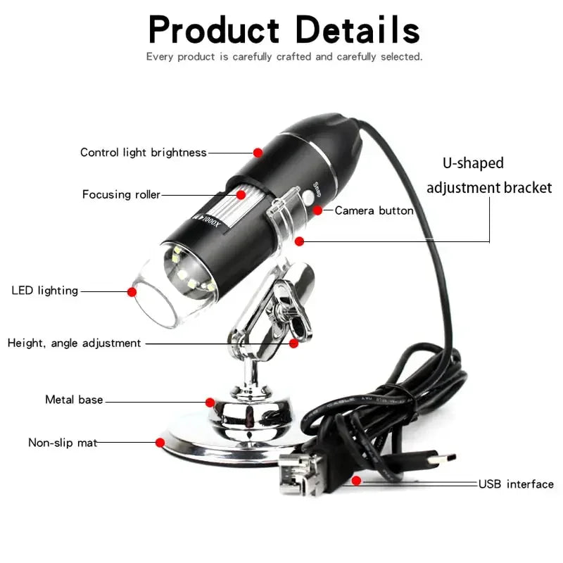 USB digital microscope from PHONEFIX with 1000X to 1600X magnification, featuring endoscope and magnifier functionality.