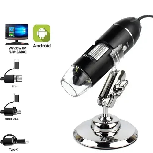 USB digital microscope by PHONEFIX showing magnified view of tiny electronic components at 1000x to 1600x magnification.