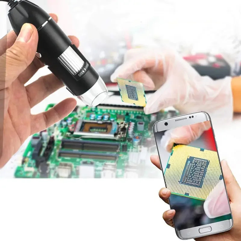 USB digital microscope endoscope by PHONEFIX showing magnified view at 1000X and 1600X with adjustable focus and LED lighting.