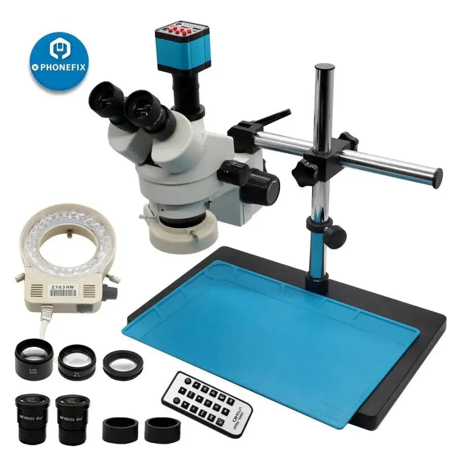 White 3.5-90X trinocular stereo microscope with camera for phone soldering, ideal for detailed electronic repairs by PHONEFIX.