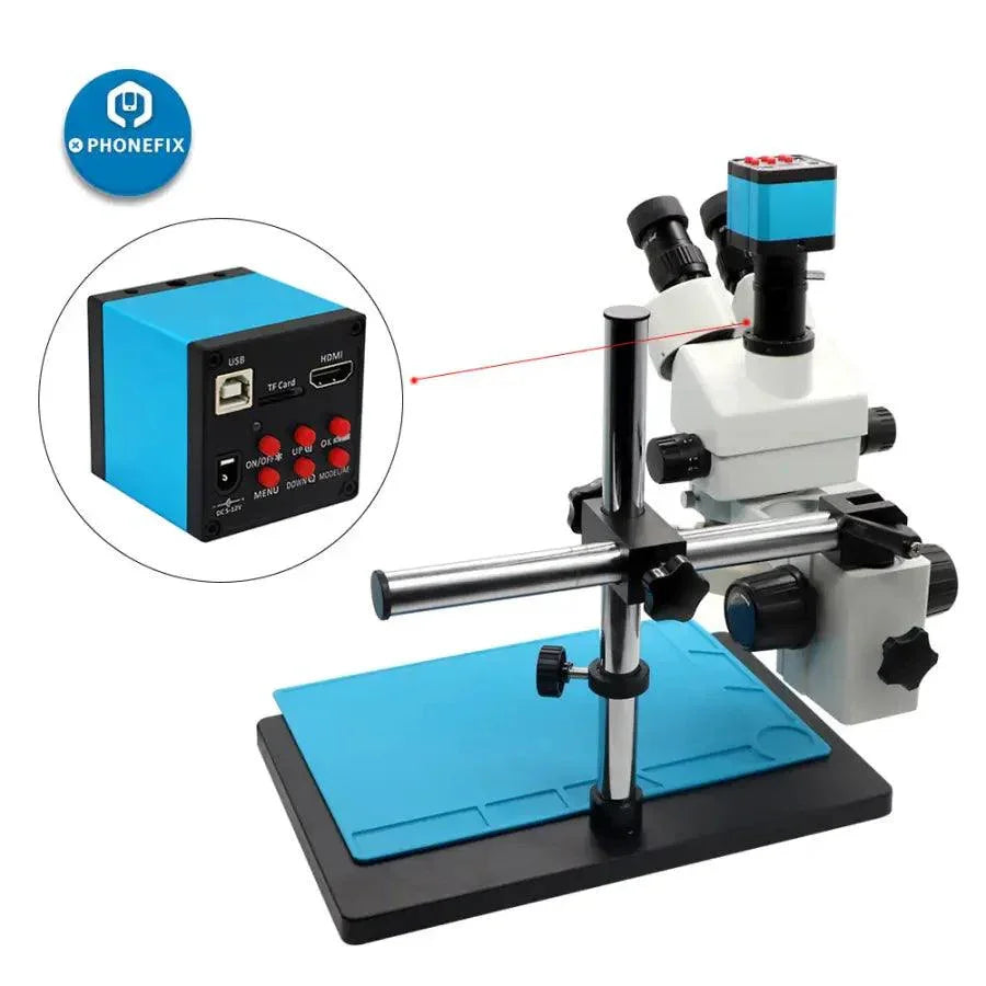 White trinocular stereo microscope with camera, 3.5-90X magnification, used for phone soldering and electronics inspection by PHONEFIX.