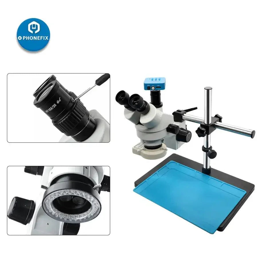 White trinocular stereo microscope with camera for phone soldering, 3.5-90X magnification, by PHONEFIX, for detailed electronic inspection.