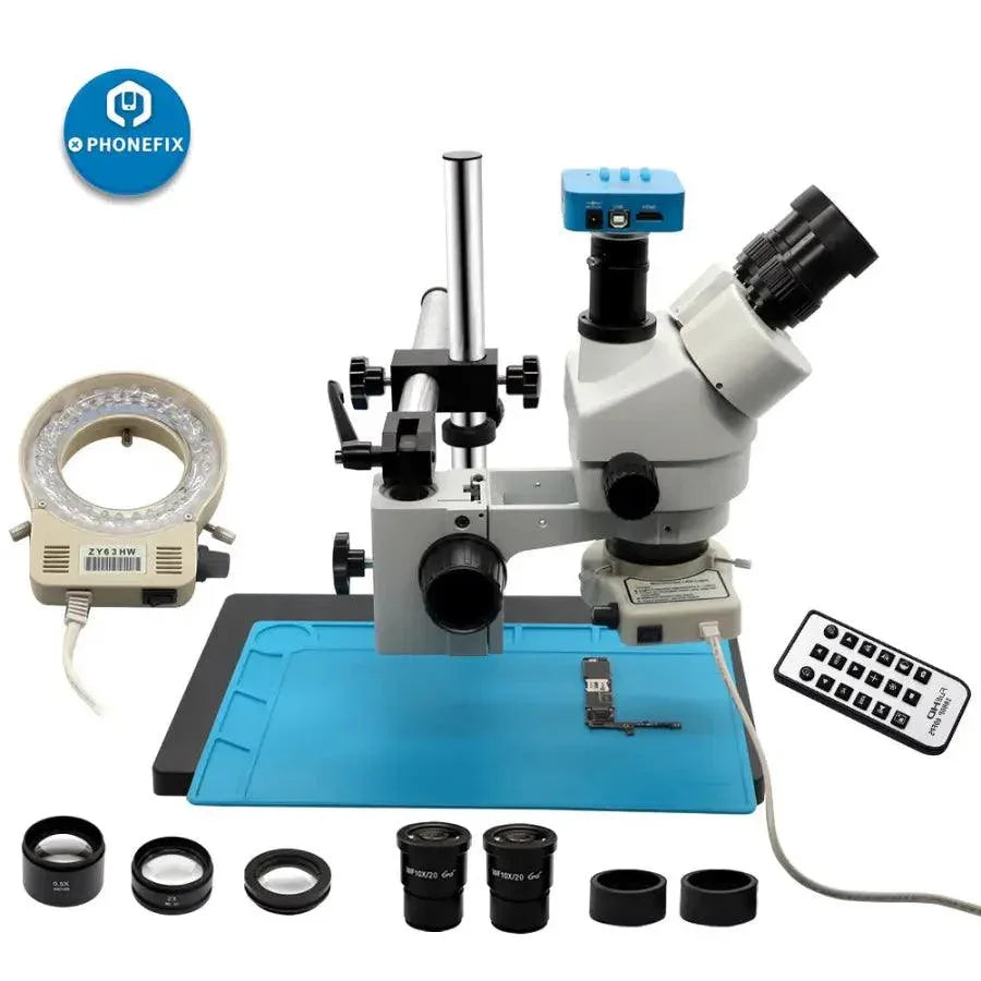 White trinocular stereo microscope with camera, 3.5-90X magnification, used for phone soldering, by PHONEFIX.