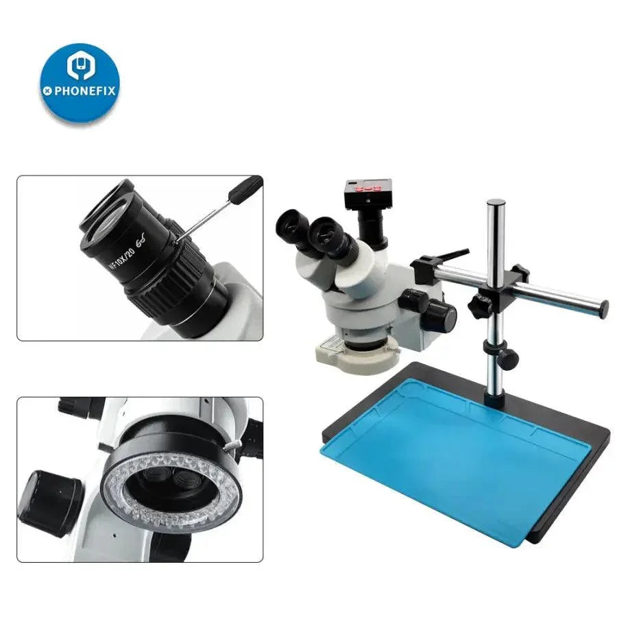 White 3.5-90X trinocular stereo microscope with camera for phone soldering, electronic inspection, and detailed close-up examination.
