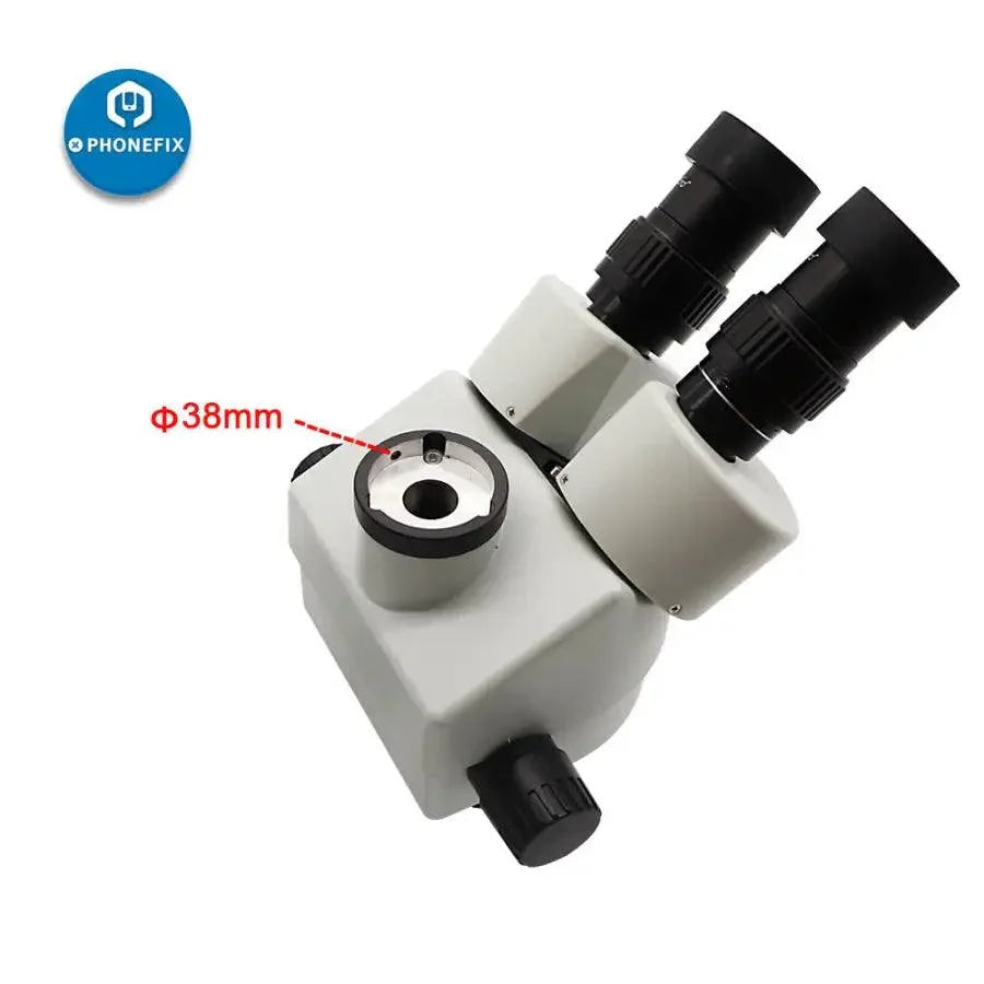 White trinocular stereo microscope with camera for phone soldering, 3.5-90X magnification, used for detailed electronic repairs.