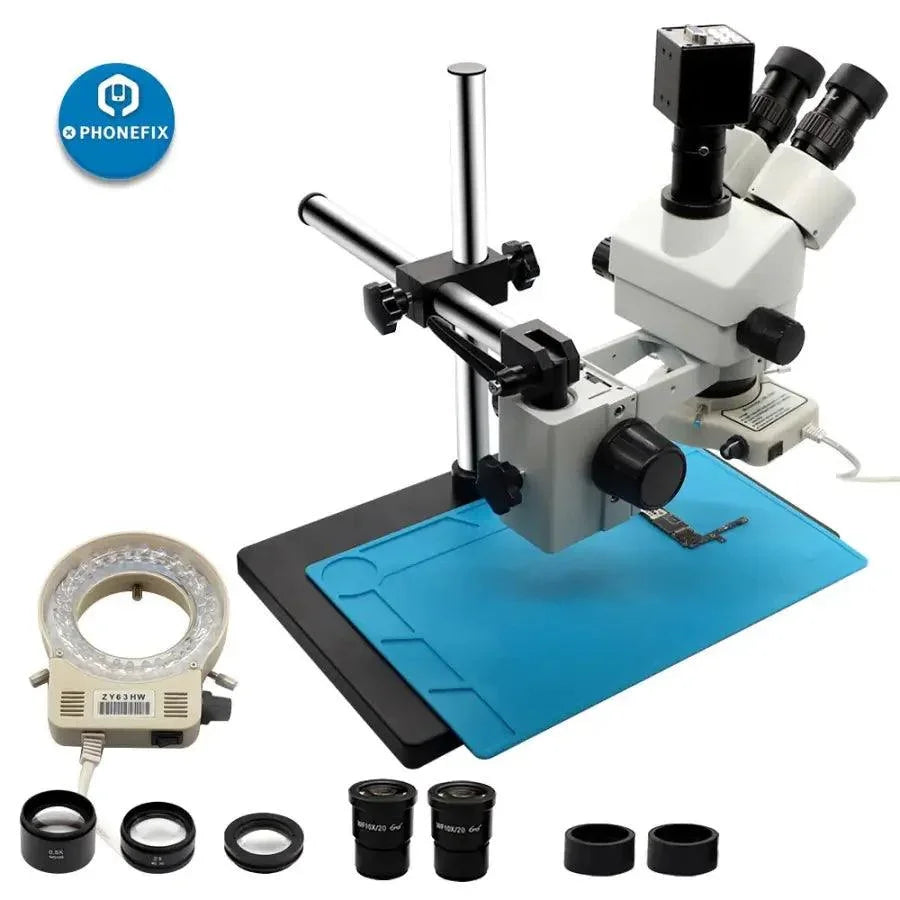 White PHONEFIX 3.5-90X trinocular stereo microscope with camera, used for phone soldering and detailed electronic inspections.