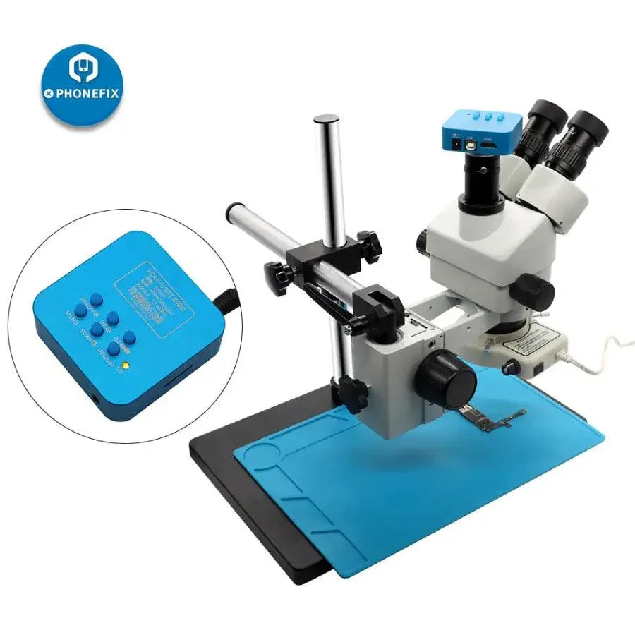 White trinocular stereo microscope with camera for phone soldering, 3.5-90X magnification, by PHONEFIX, for detailed electronic inspection.
