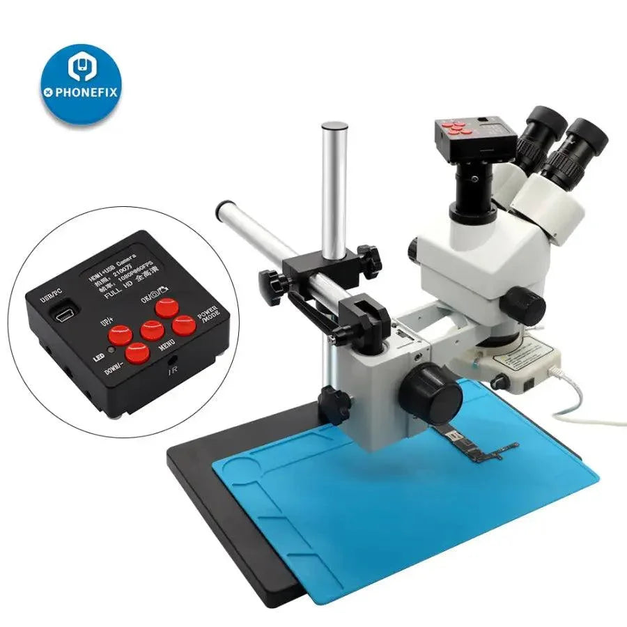 White trinocular stereo microscope with camera, 3.5-90x magnification, for phone soldering and detailed electronic inspection.