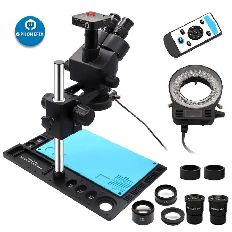 Black PHONEFIX trinocular stereo microscope with 3.5X-90X magnification for phone motherboard repair, featuring binocular eyepieces.