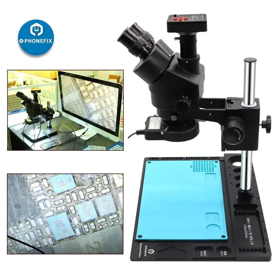 Black PHONEFIX 3.5X-90X trinocular stereo microscope with VGA camera for phone motherboard repair, featuring adjustable magnification.