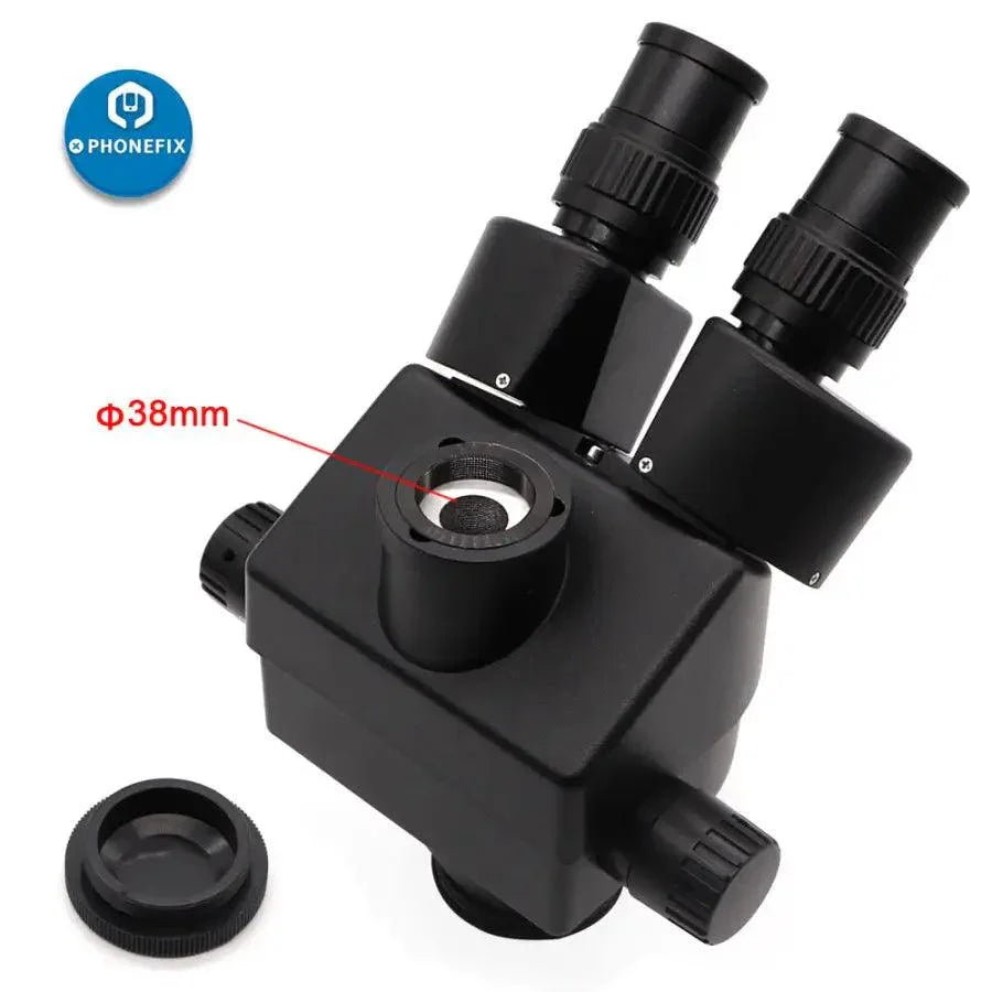 PHONEFIX 3.5X-90X black trinocular stereo microscope for phone motherboard repair with VGA camera, ideal for detailed electronic inspection.