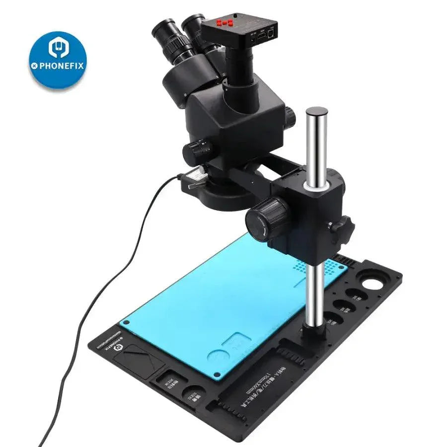 Black PhoneFix trinocular stereo microscope with 3.5X-90X magnification for phone motherboard repair, featuring VGA camera and electric design.