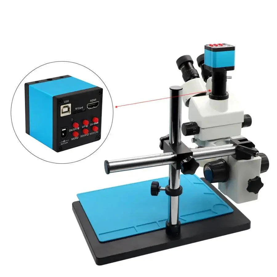 PHONEFIX 3.5X-90X digital trinocular microscope with 38MP HDMI camera for high-resolution microscopy and video recording.