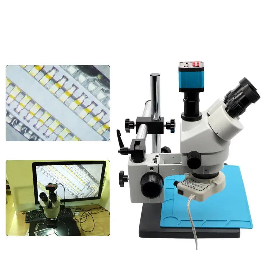 Electric PHONEFIX digital trinocular microscope with 38MP HDMI camera showing adjustable zoom and focus for detailed viewing.