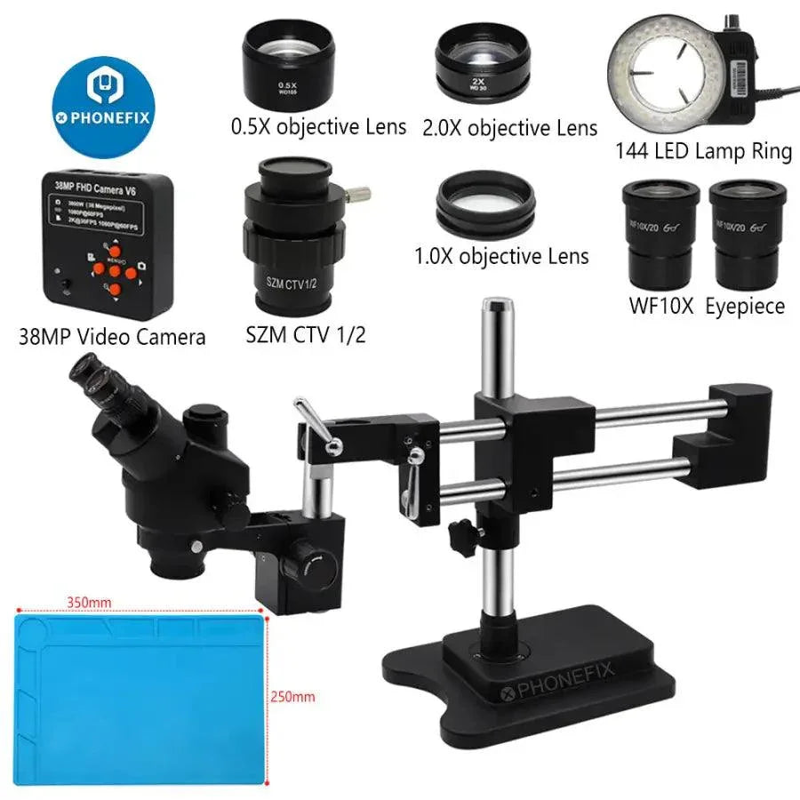 PHONEFIX 3.5X-90X black double boom stand zoom trinocular stereo microscope for detailed optical inspection.